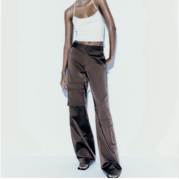 Zara Rich Chocolate Brown High-Rise Cargo Pants | Pockets | 6 | Satin - Picture 2 of 13